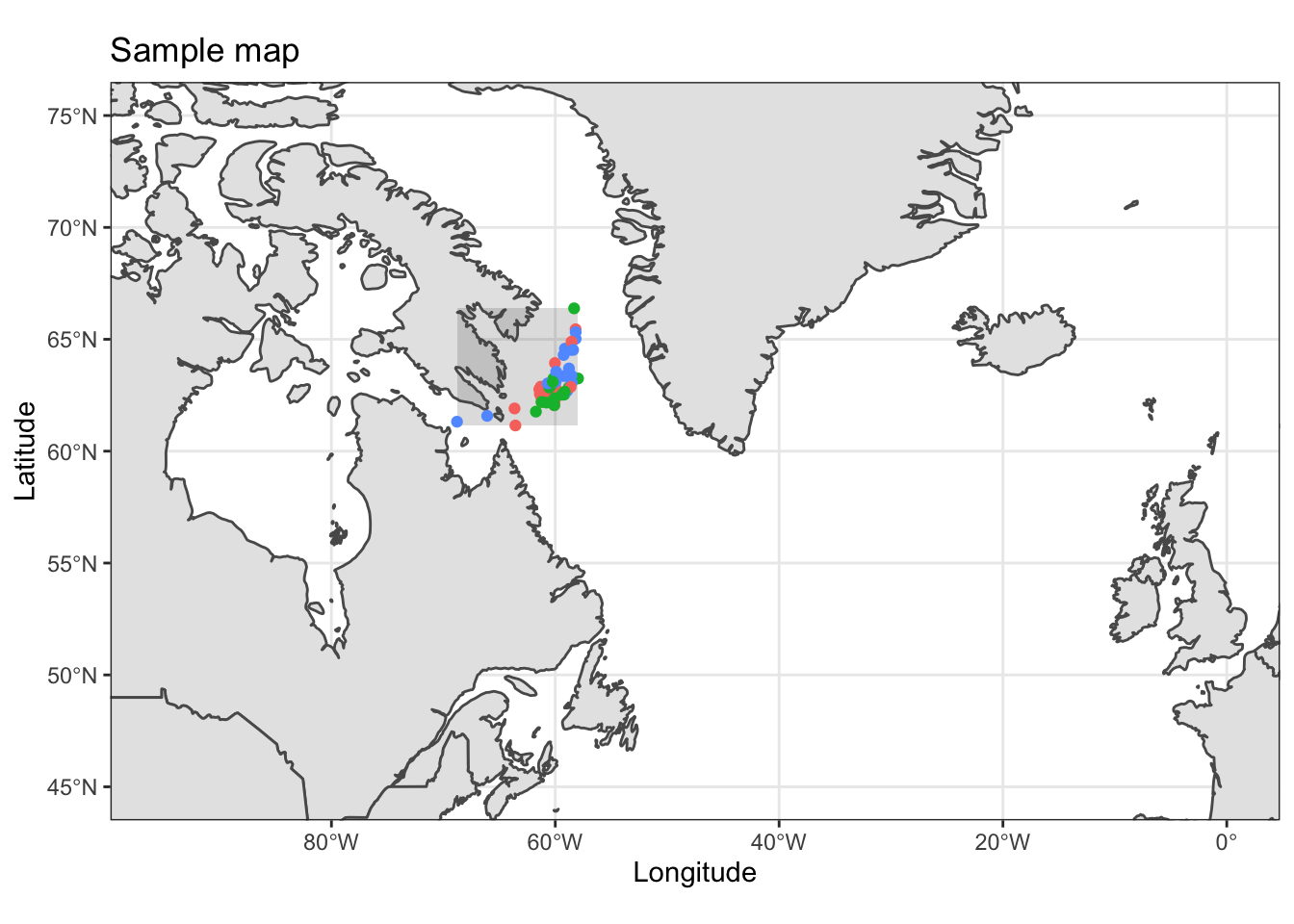 Geographic placement of the sample site on the Northern hemisphere, between Canada and Greenland. Dots indicate individual samples.