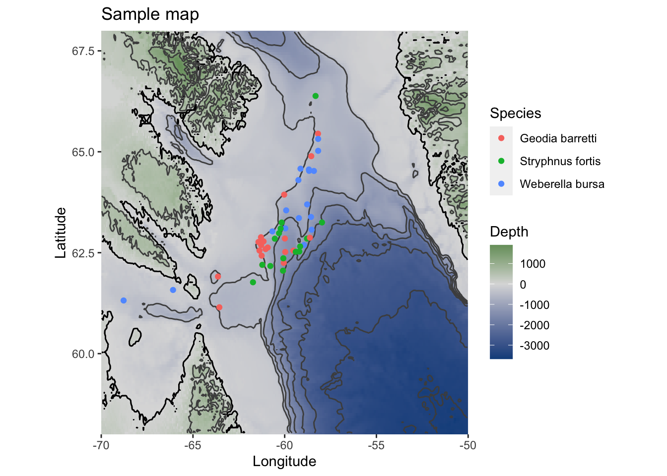 Detailed map of the sampling site, samples represented by dots are coloured according to sponge species.