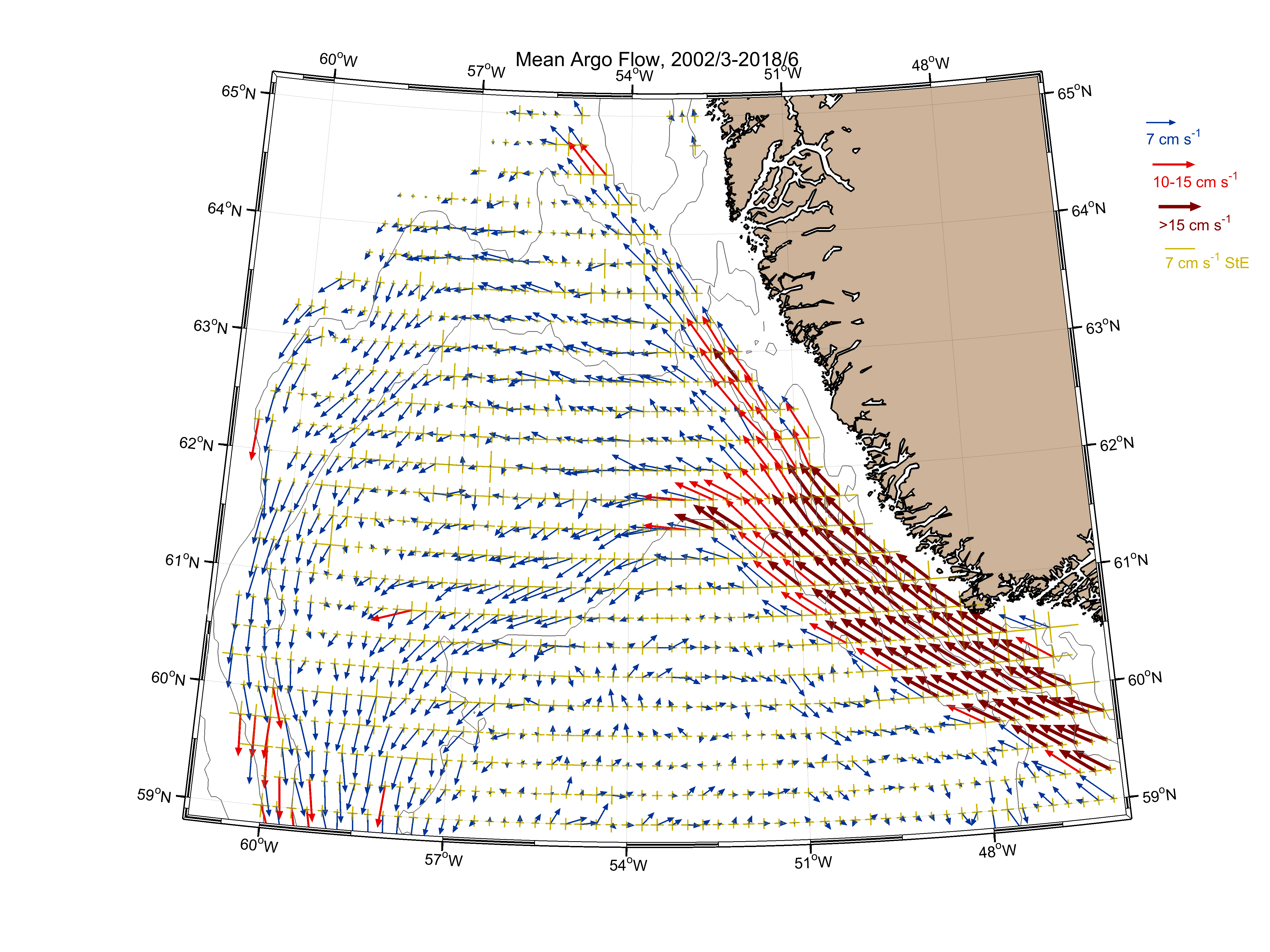 Currents in the North Atlantic between Greenland and Canada. Analysis and figure contributed by Igor Yashayaev.